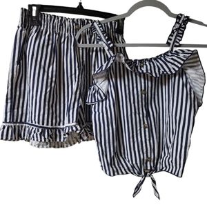 Poof Girl NY Navy Blue and White Ruffle Spaghetto Strap Top and Short Set, Large